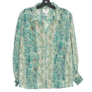 Vintage Talbots Top Silk Snake Coastal Resort Workwear Button Up Plus Size 18WP